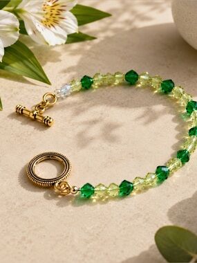 Gold-Accent Green Crystal Bead Bracelet